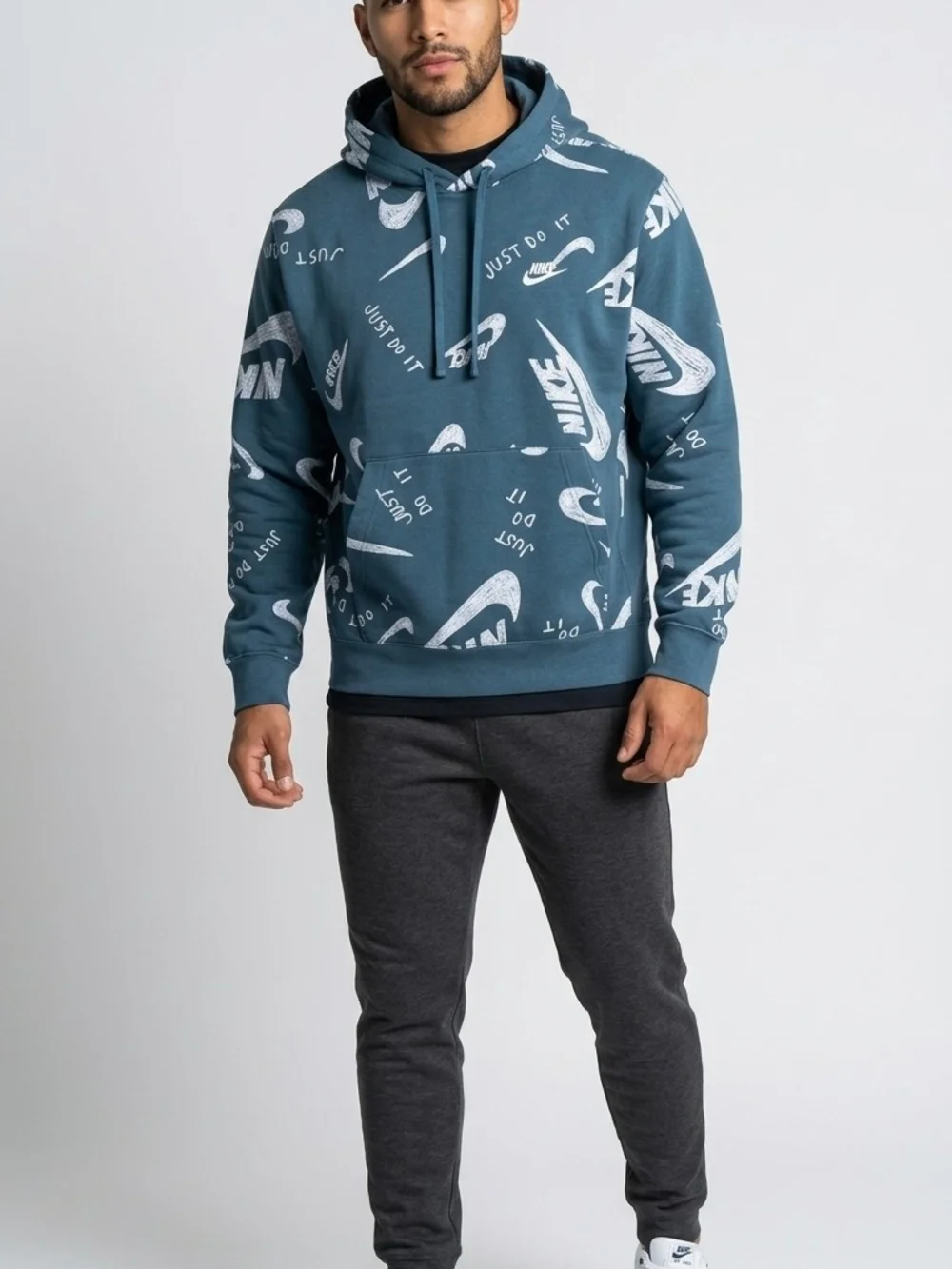 Nike Blue Slate All Over Print Scribble Swoosh Just Do It Hoodie Size Medium